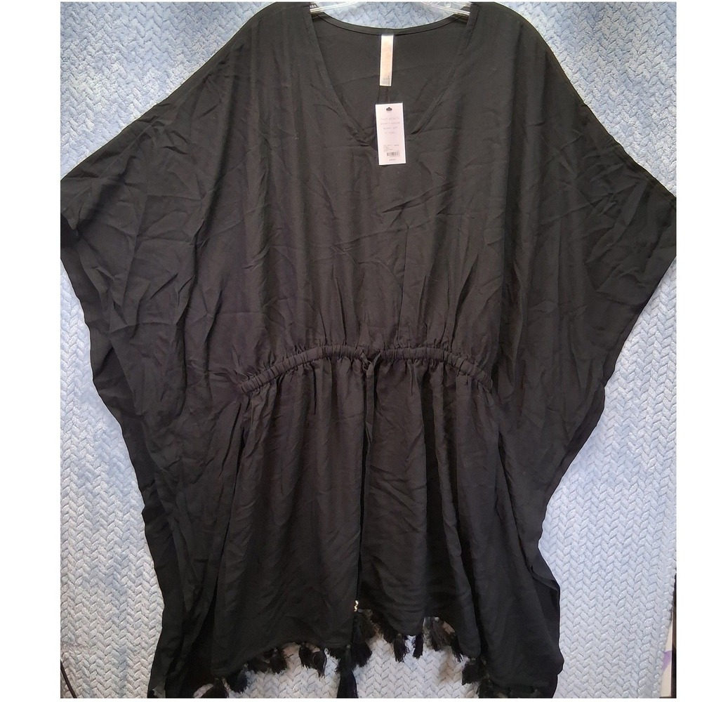 Cacique Swim Dolman Coverup Black V-Neck Drawstring Tassel Trim 14/16 NWT
